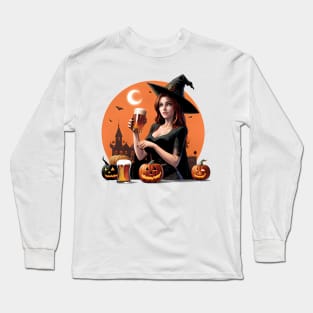 Halloween beer witch girl Long Sleeve T-Shirt